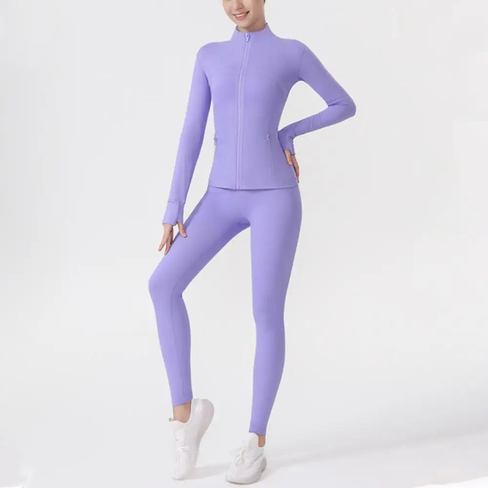 USA Zipper Two Piece Legging Sets Women High Elastic Yoga Outfit Long Sleeve Tops & Pants Gym Set
