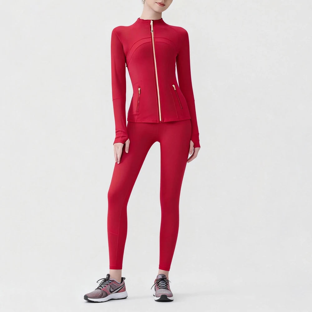USA Zipper Two Piece Legging Sets Women High Elastic Yoga Outfit Long Sleeve Tops & Pants Gym Set