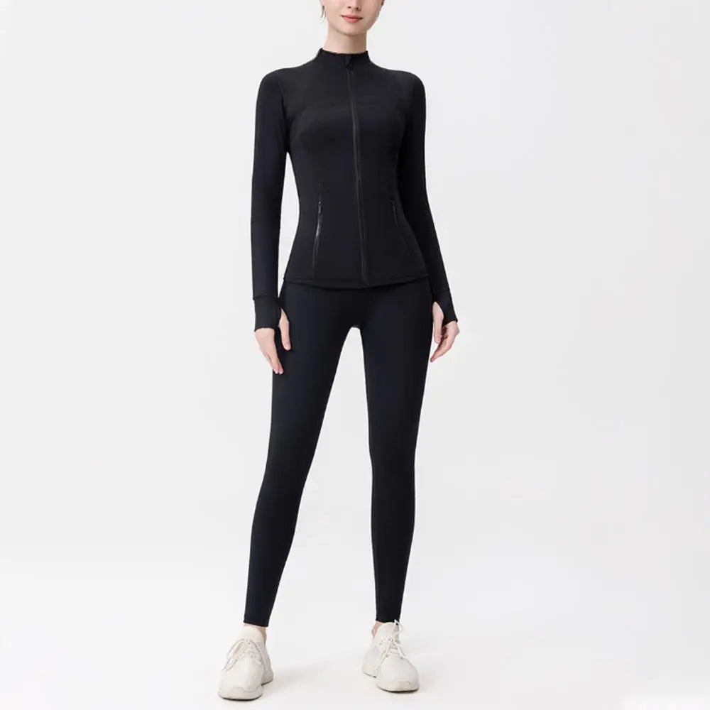 USA Zipper Two Piece Legging Sets Women High Elastic Yoga Outfit Long Sleeve Tops & Pants Gym Set