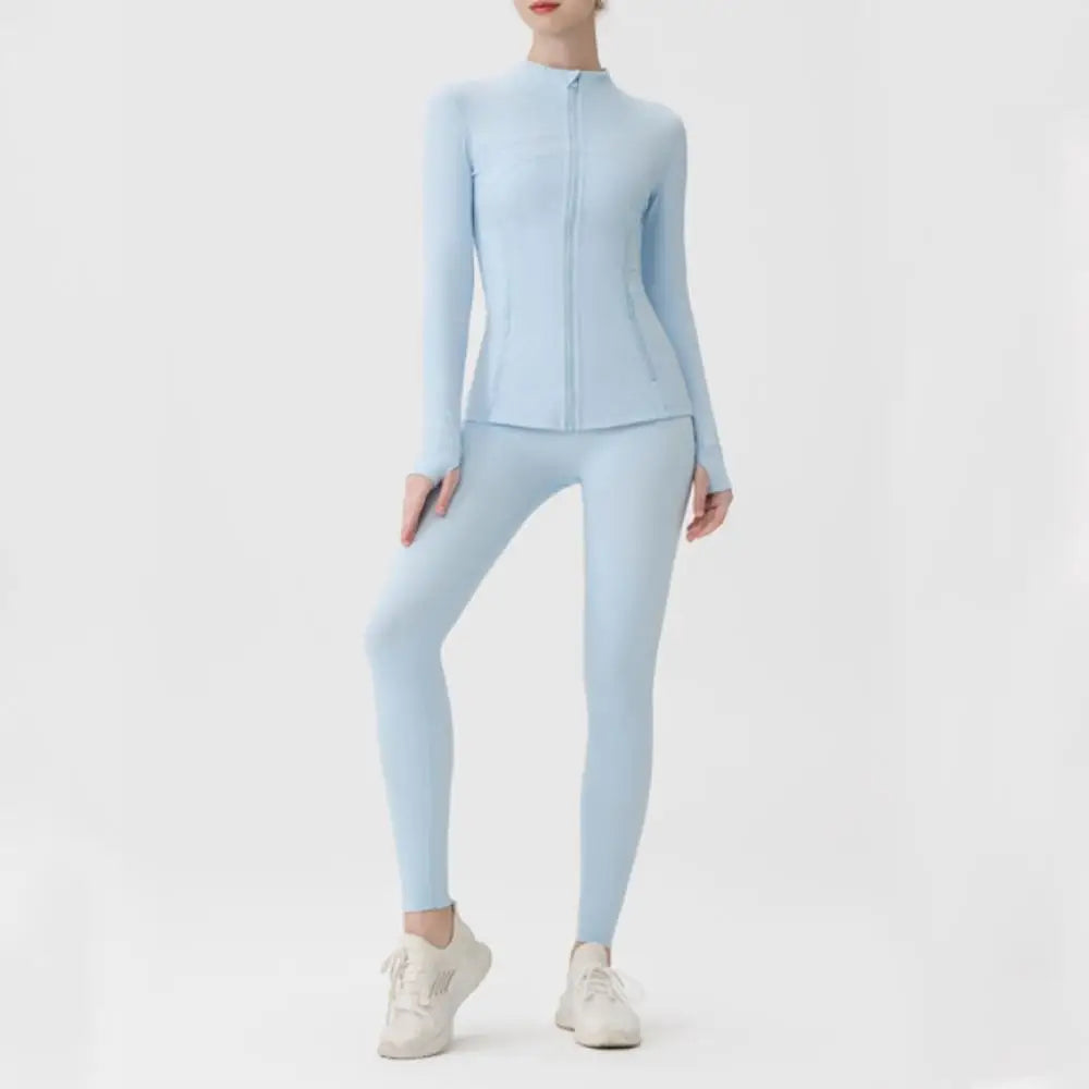 USA Zipper Two Piece Legging Sets Women High Elastic Yoga Outfit Long Sleeve Tops & Pants Gym Set
