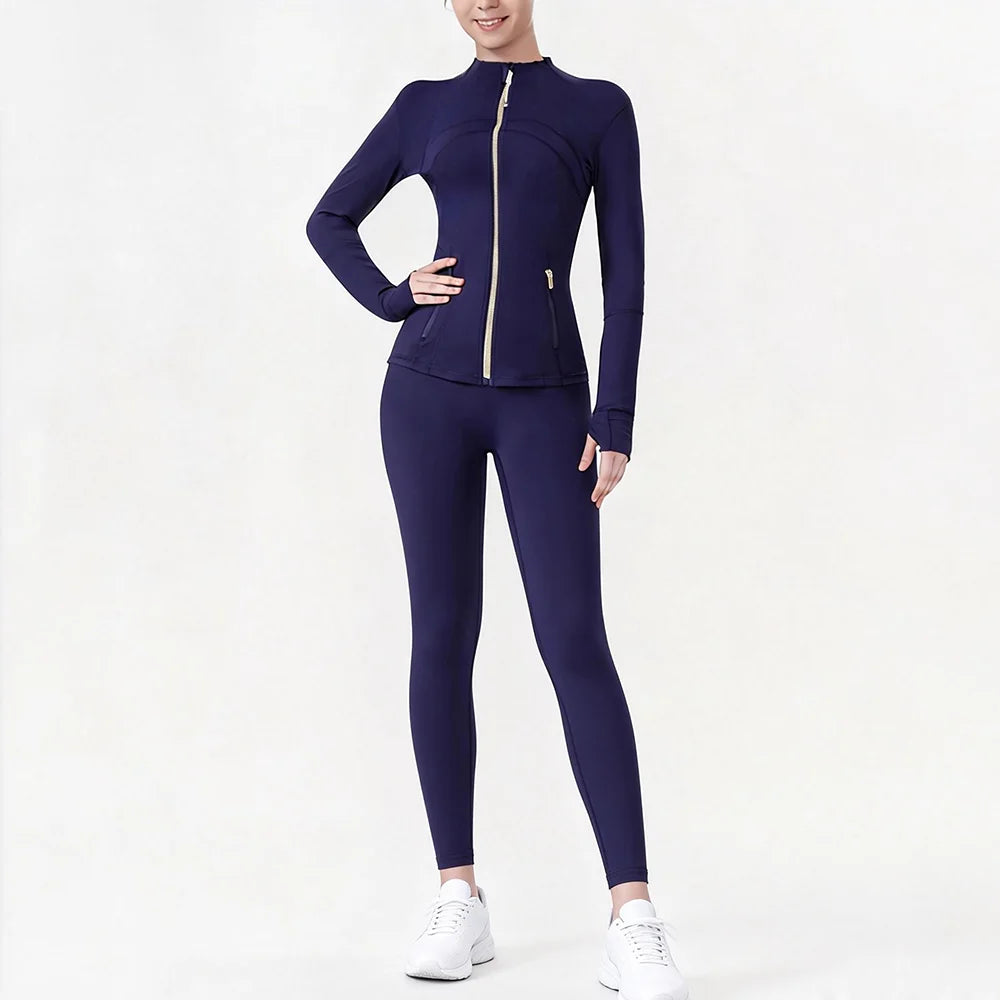 USA Zipper Two Piece Legging Sets Women High Elastic Yoga Outfit Long Sleeve Tops & Pants Gym Set