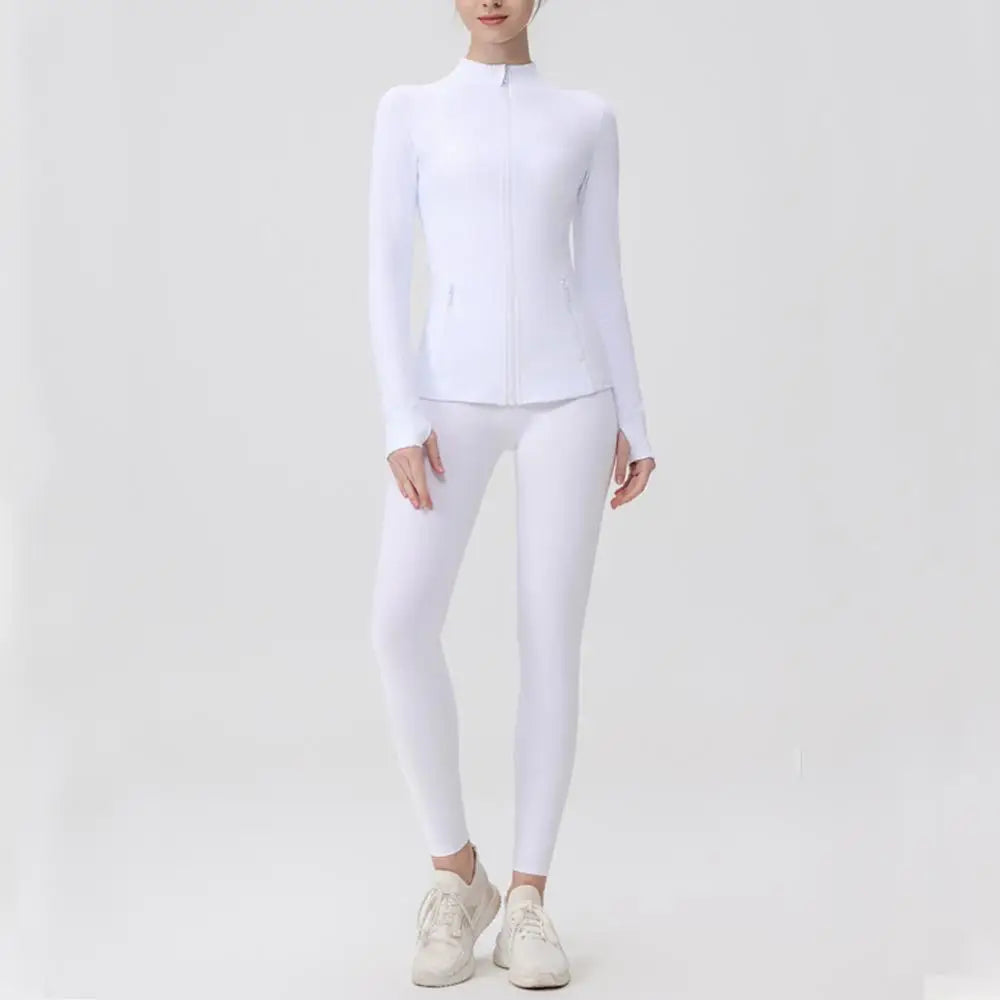 USA Zipper Two Piece Legging Sets Women High Elastic Yoga Outfit Long Sleeve Tops & Pants Gym Set