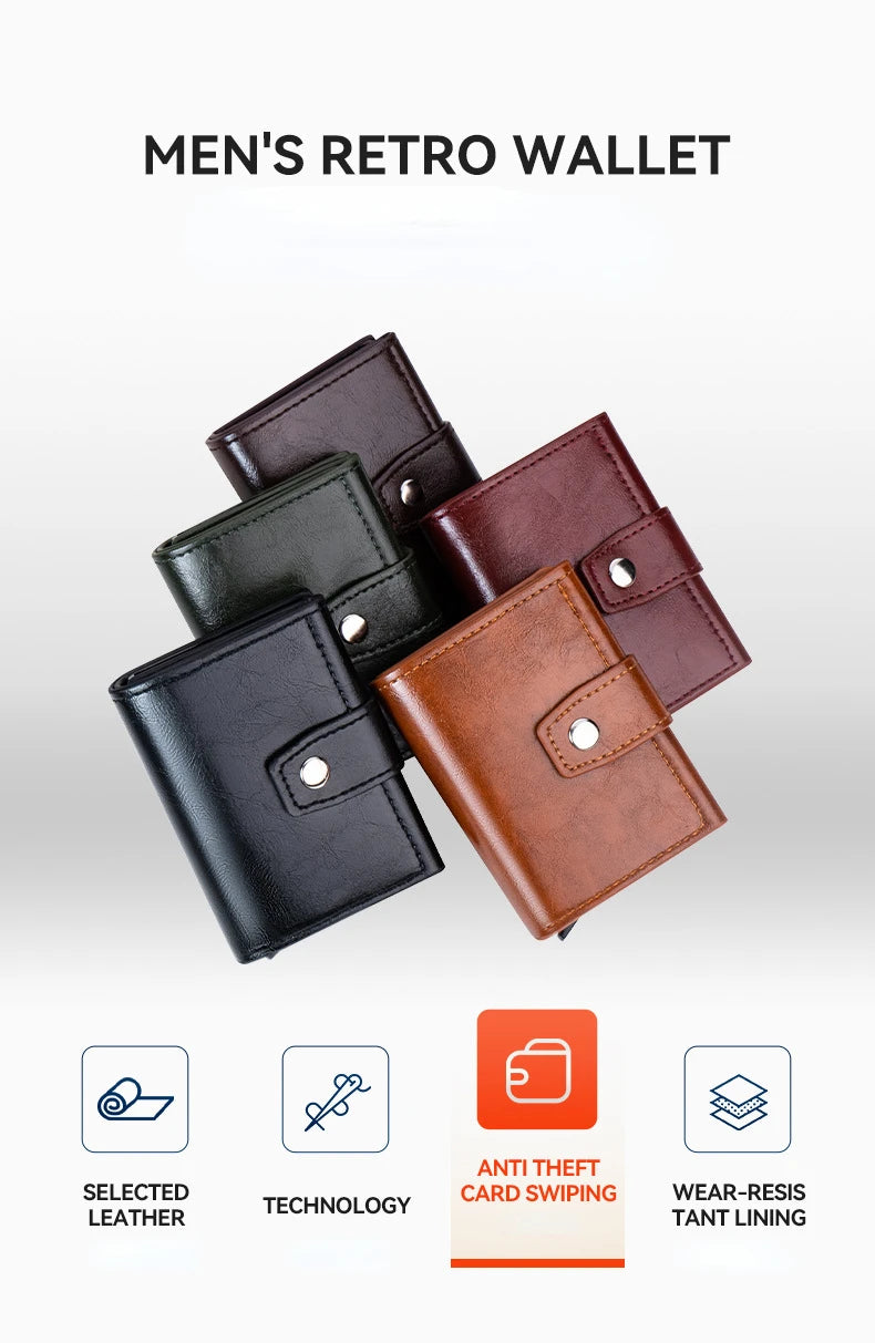 Men's Retro Bank Credit Card Holder, Metal Anti Thief Rfid Smart Minimalist Wallet, Women PU Leather Black Bank Cash Cardholder