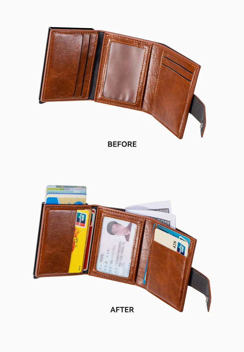 Men's Retro Bank Credit Card Holder, Metal Anti Thief Rfid Smart Minimalist Wallet, Women PU Leather Black Bank Cash Cardholder