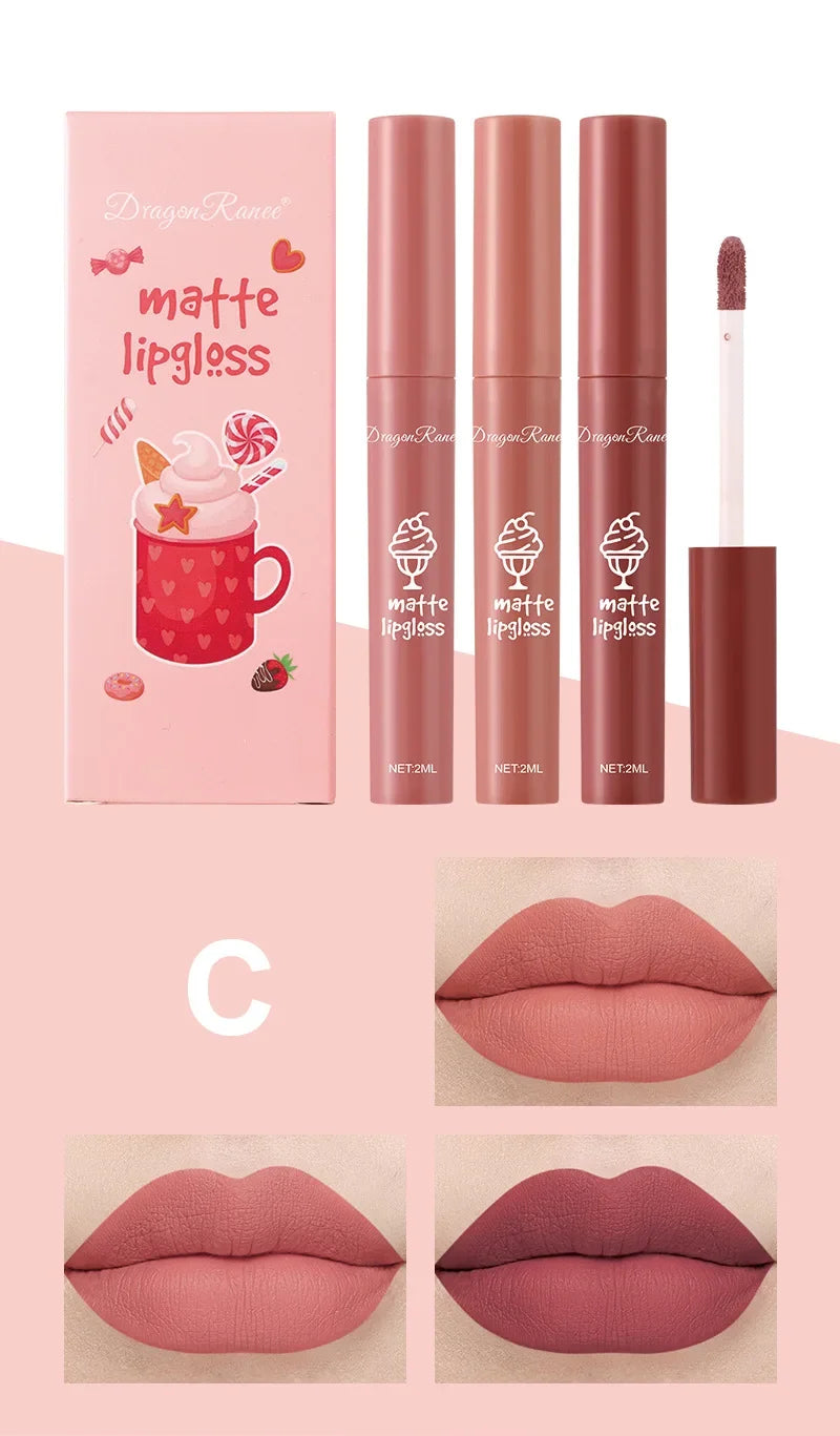 3PCS/Set Velvet Matte Nude Liquid Lipstic Long Lasting Waterproof Lipgloss Kits Moisturizing Lip Stain Tint Sexy Lip Makeup Sets