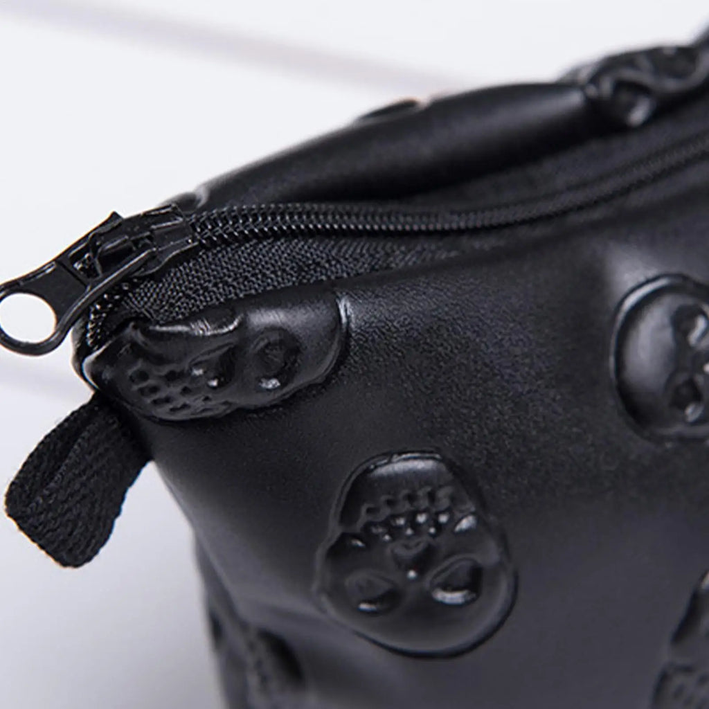 PU Leather Waterproof Skull Makeup Pouch Travel Cosmetic Bag Zippered Storage Bag for Skin Care Products Portable Black Bag