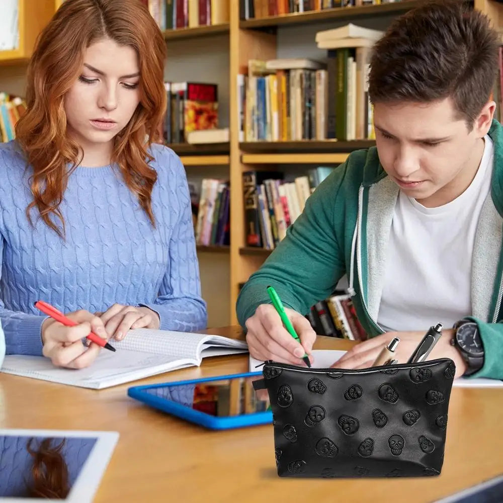 PU Leather Waterproof Skull Makeup Pouch Travel Cosmetic Bag Zippered Storage Bag for Skin Care Products Portable Black Bag