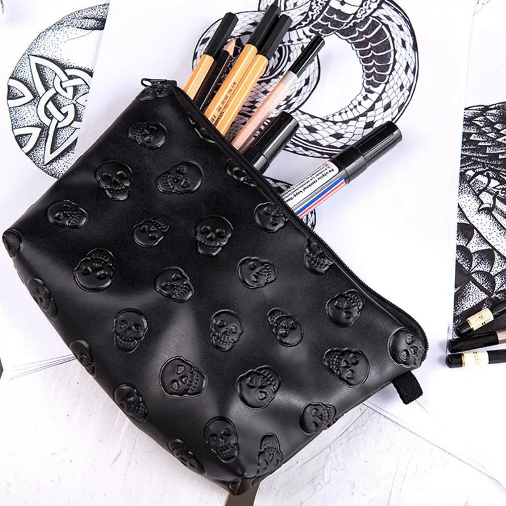 PU Leather Waterproof Skull Makeup Pouch Travel Cosmetic Bag Zippered Storage Bag for Skin Care Products Portable Black Bag