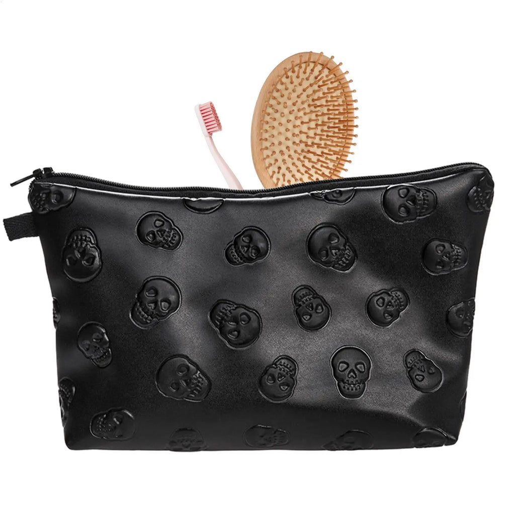 PU Leather Waterproof Skull Makeup Pouch Travel Cosmetic Bag Zippered Storage Bag for Skin Care Products Portable Black Bag