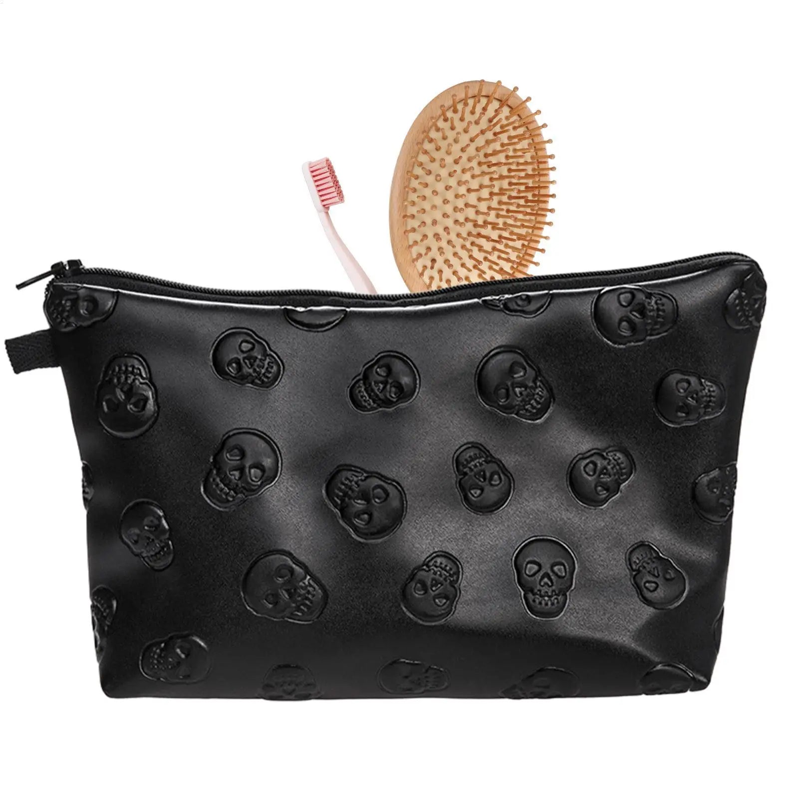 PU Leather Waterproof Skull Makeup Pouch Travel Cosmetic Bag Zippered Storage Bag for Skin Care Products Portable Black Bag